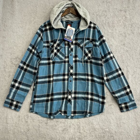NEW Quiksilver Men's L Flannel Shirt Jacket With Hood Blue Plaid Cotton - Picture 2 of 8